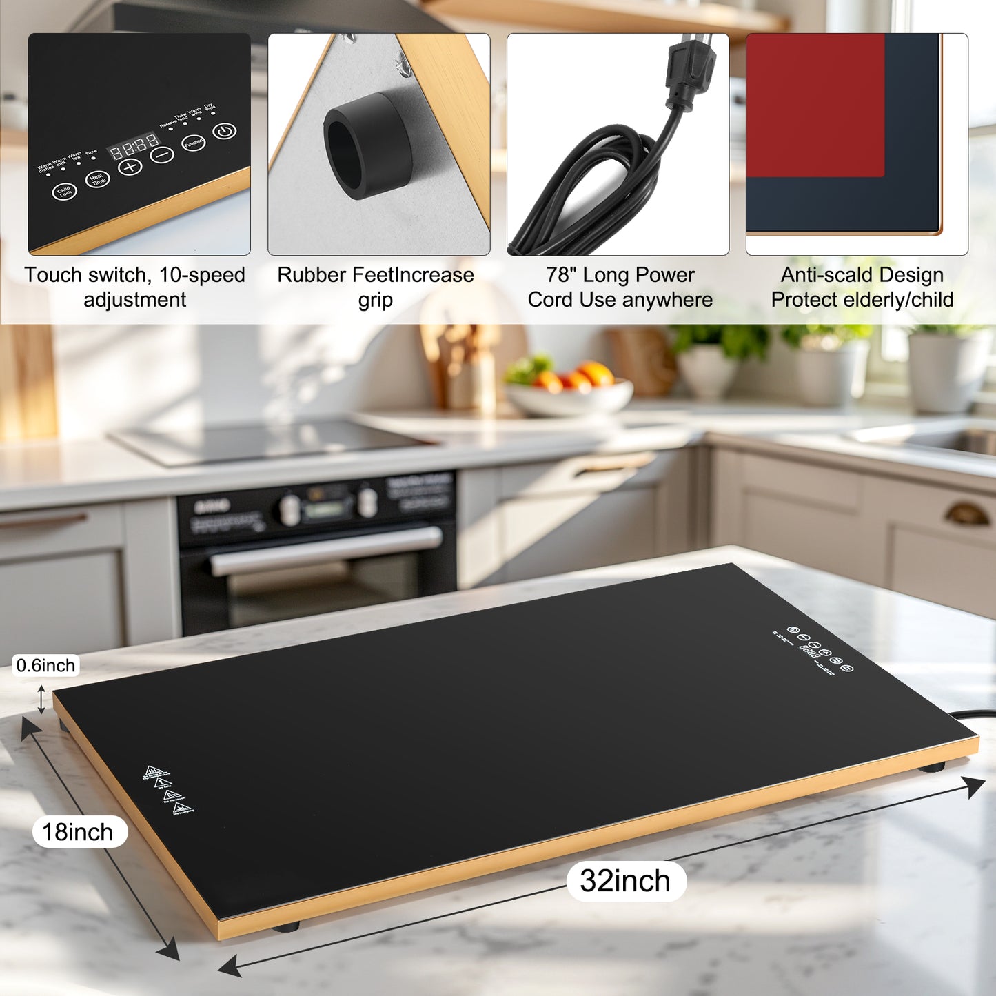 Electric Warming Tray(Extra Long 32”x18”),Food Warmer with Thermostat and Full Surface Heating,Food Warming Mat with 10 Temperature Modes for Parties Buffet,Gatherings,Gold Edge Warming Mat for Food-