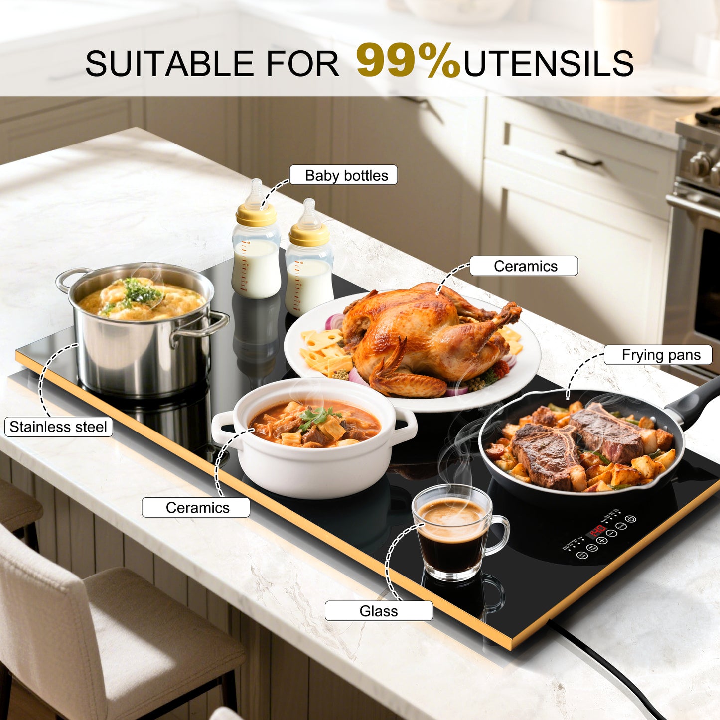 Electric Warming Tray(Extra Long 32”x18”),Food Warmer with Thermostat and Full Surface Heating,Food Warming Mat with 10 Temperature Modes for Parties Buffet,Gatherings,Gold Edge Warming Mat for Food-