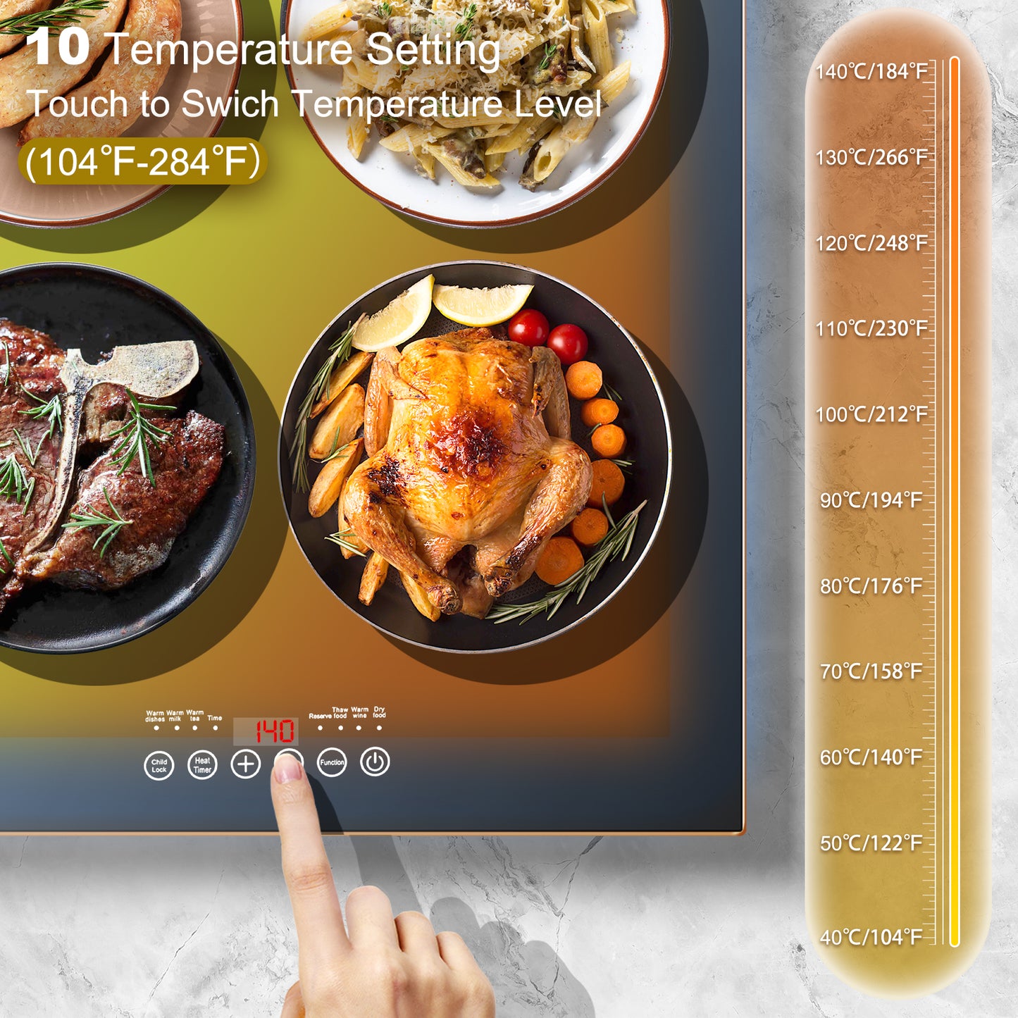 Electric Warming Tray(Extra Long 32”x18”),Food Warmer with Thermostat and Full Surface Heating,Food Warming Mat with 10 Temperature Modes for Parties Buffet,Gatherings,Gold Edge Warming Mat for Food-