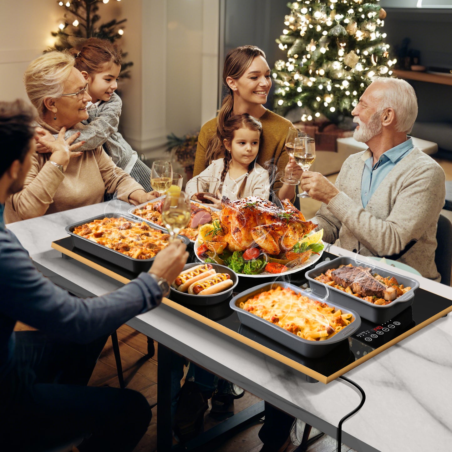 Electric Warming Tray(Extra Long 32”x18”),Food Warmer with Thermostat and Full Surface Heating,Food Warming Mat with 10 Temperature Modes for Parties Buffet,Gatherings,Gold Edge Warming Mat for Food-